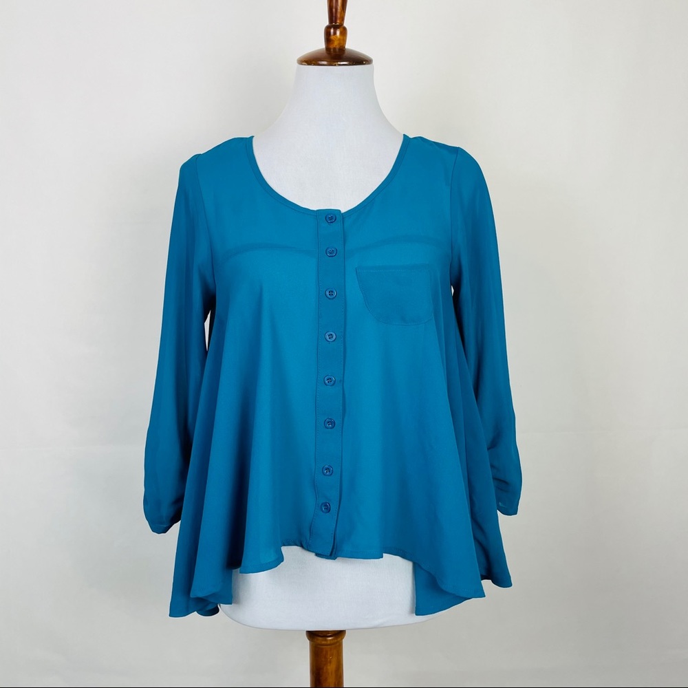 Material Girl Blue sheer flowy High Low Top sz XS
